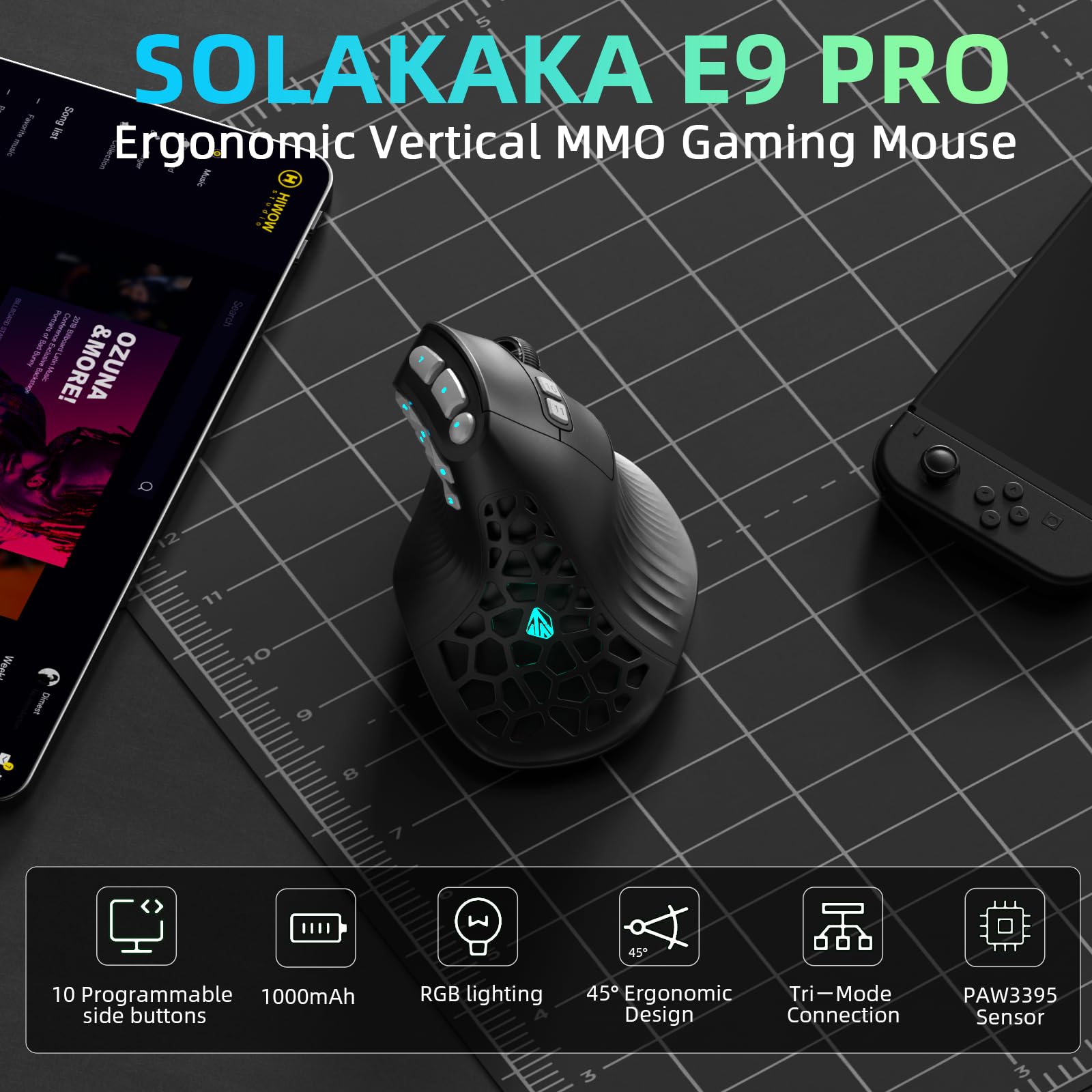 SOLAKAKA E9 PRO Vertikale MMO Gaming-Maus mit 8K-Dongle, 36000 DPI PAW3395 Sensor, 8.000 Hz Polling-Rate, Tri-Modus, ergonomische kabellose Maus mit 10 Seitentasten, RGB-Maus für PC/Mac, Schwarz