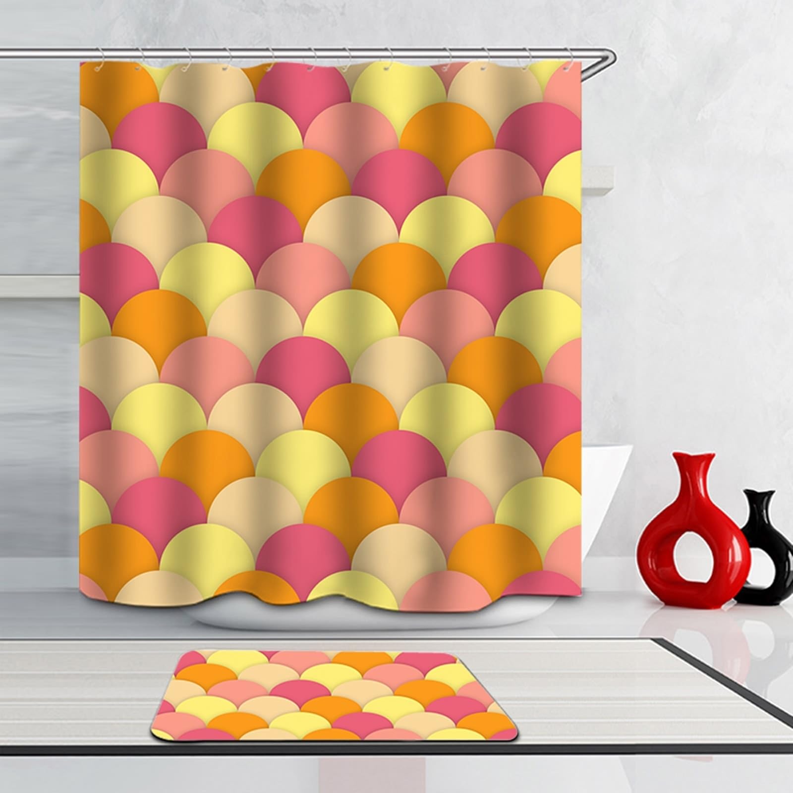 Cortina de ducha de 180 x 180 cm, textil naranja y amarillo, con patrón de círculos amarillos, antimoho, cortina de baño de poliéster, resistente al agua, lavable, cortina de ducha en el baño