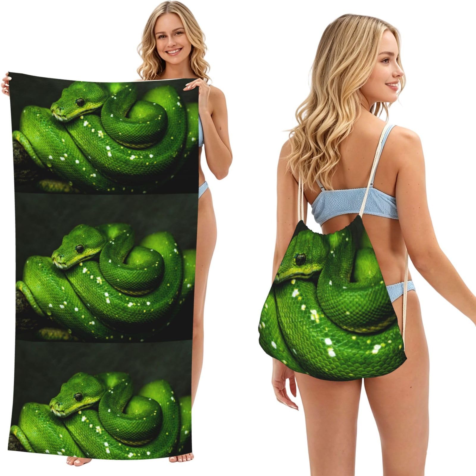 Poadnly As Picture Snake Green Reptile, 2 In 1 Packable Towel Bag, Beach Towels With Drawstring Backpack For Travel Holiday Camping