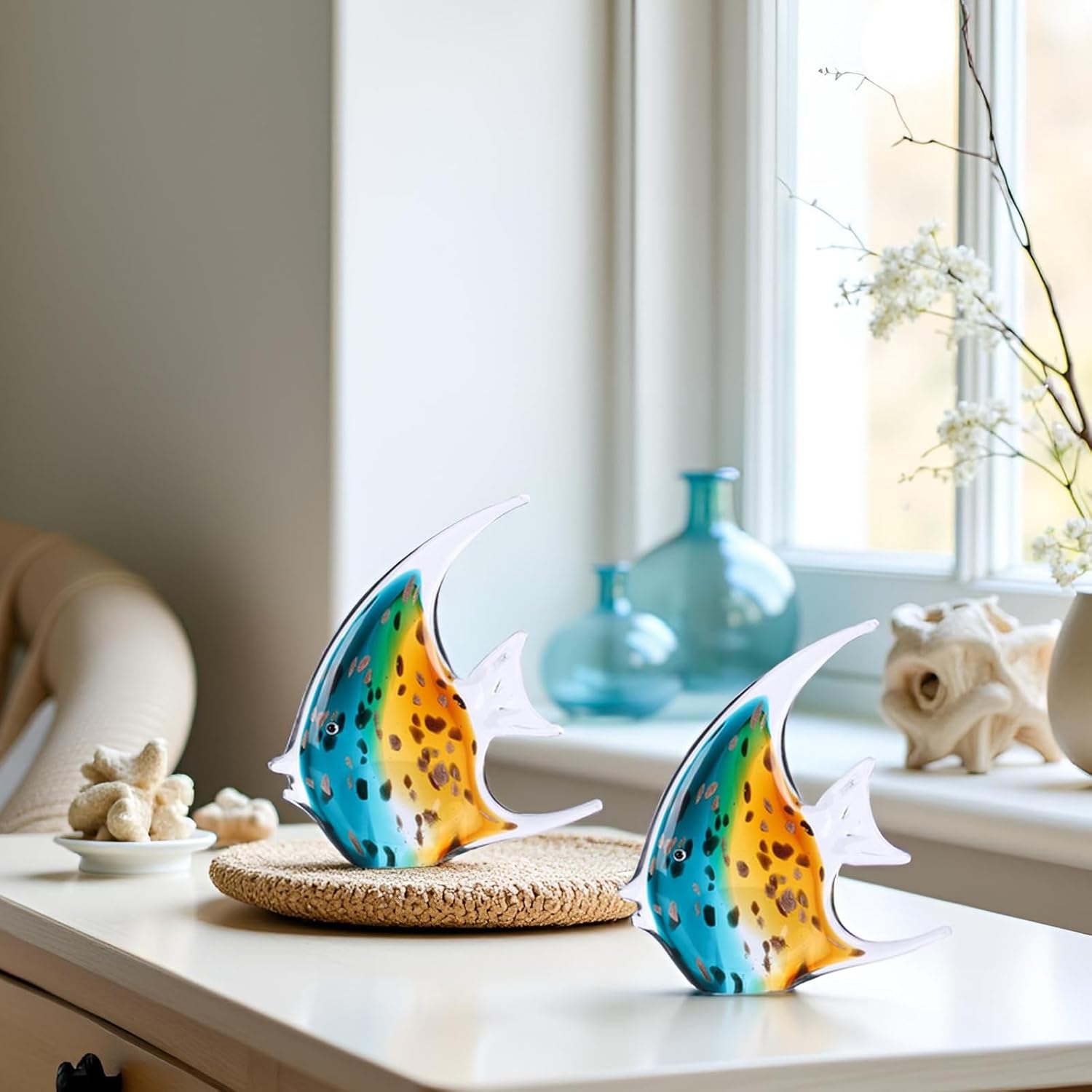 Hand Blown Glass Fish Figurines,Sea Glass Art Figurines Ornament,Tropical Fish Paperweights,Coastal Beach Room Decor,Colorful Aesthetics Home Decor for Bookshelf,Office,Living Room (Green Brown) - Image 5