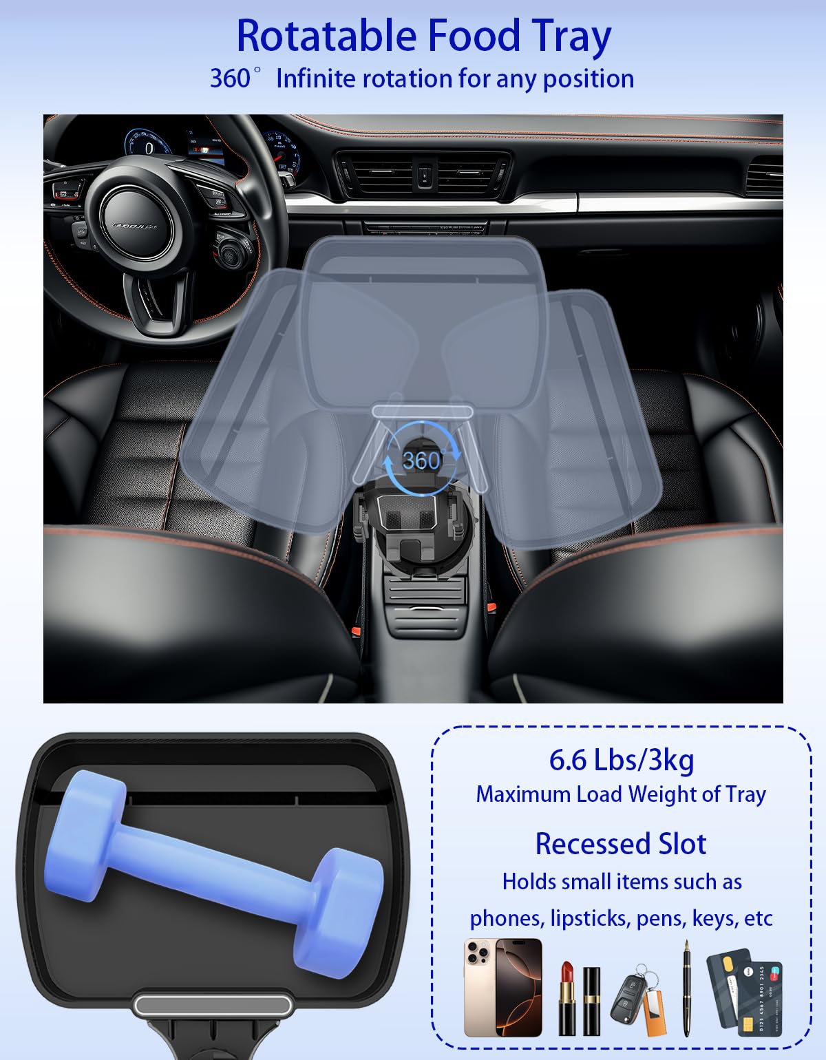 Plateau porte-gobelet de voiture – 4 en 1 avec porte-gobelet en métal, plateau alimentaire réglable et support de téléphone pour tous les usages, essentiels automobiles pour conducteur et