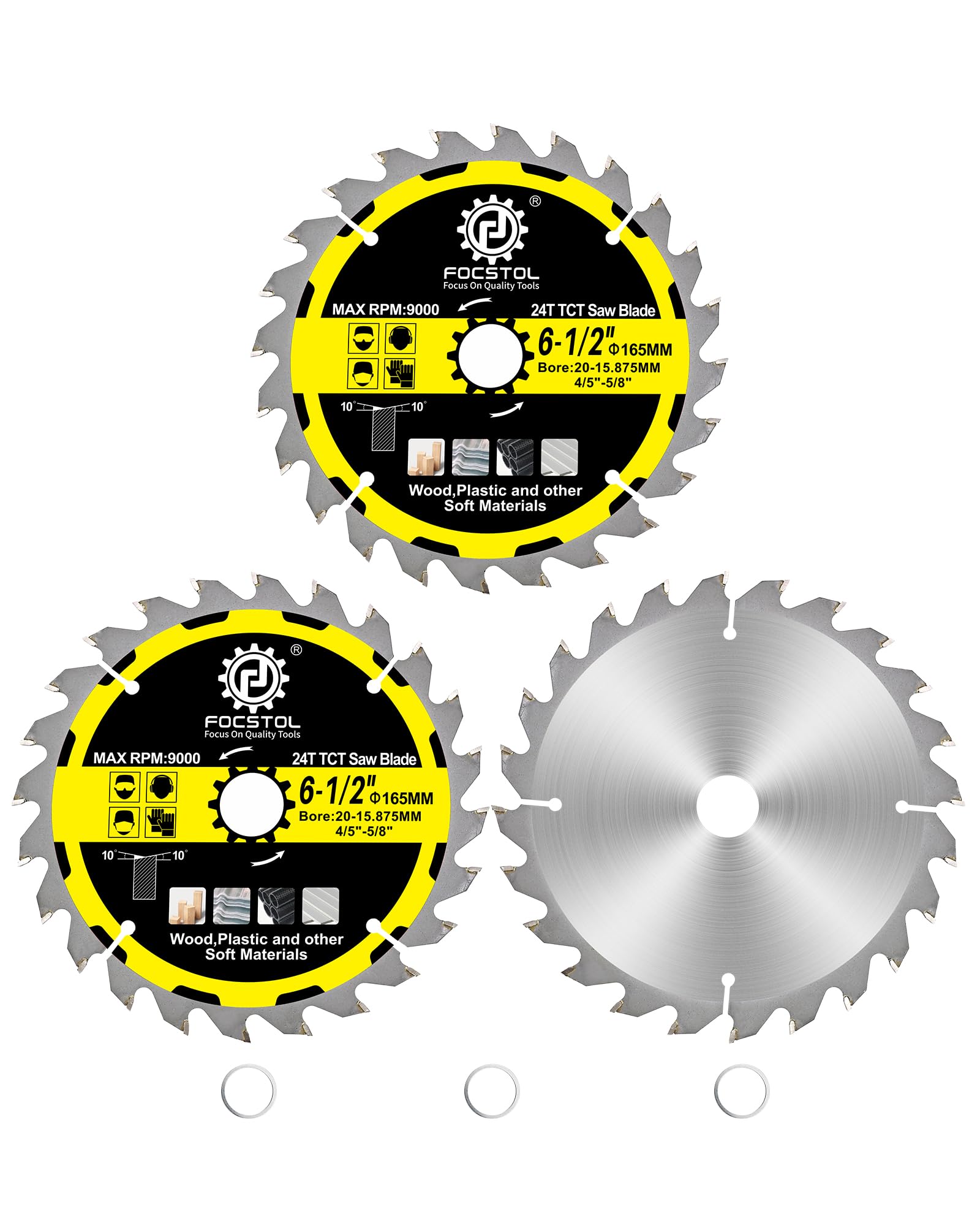 FOCSTOL Wood Cutting Circular Saw Blade 165mm - 3pcs 24 Tooth TCT Cutting Blade for Cutting Wood, Plywood, Particle Board, Plastics and Other Soft Materials