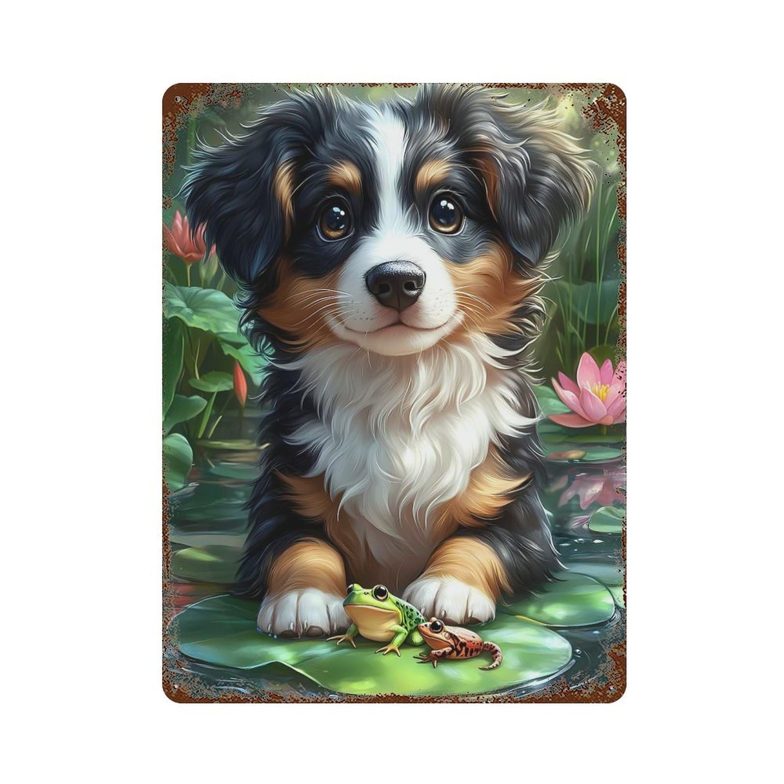 Garage Style Cute Puppy with Frogs in Pond Rusty Metal Tin Sign 15.7"x11.8", Farmhouse Wall Decor for Bar And Workshop