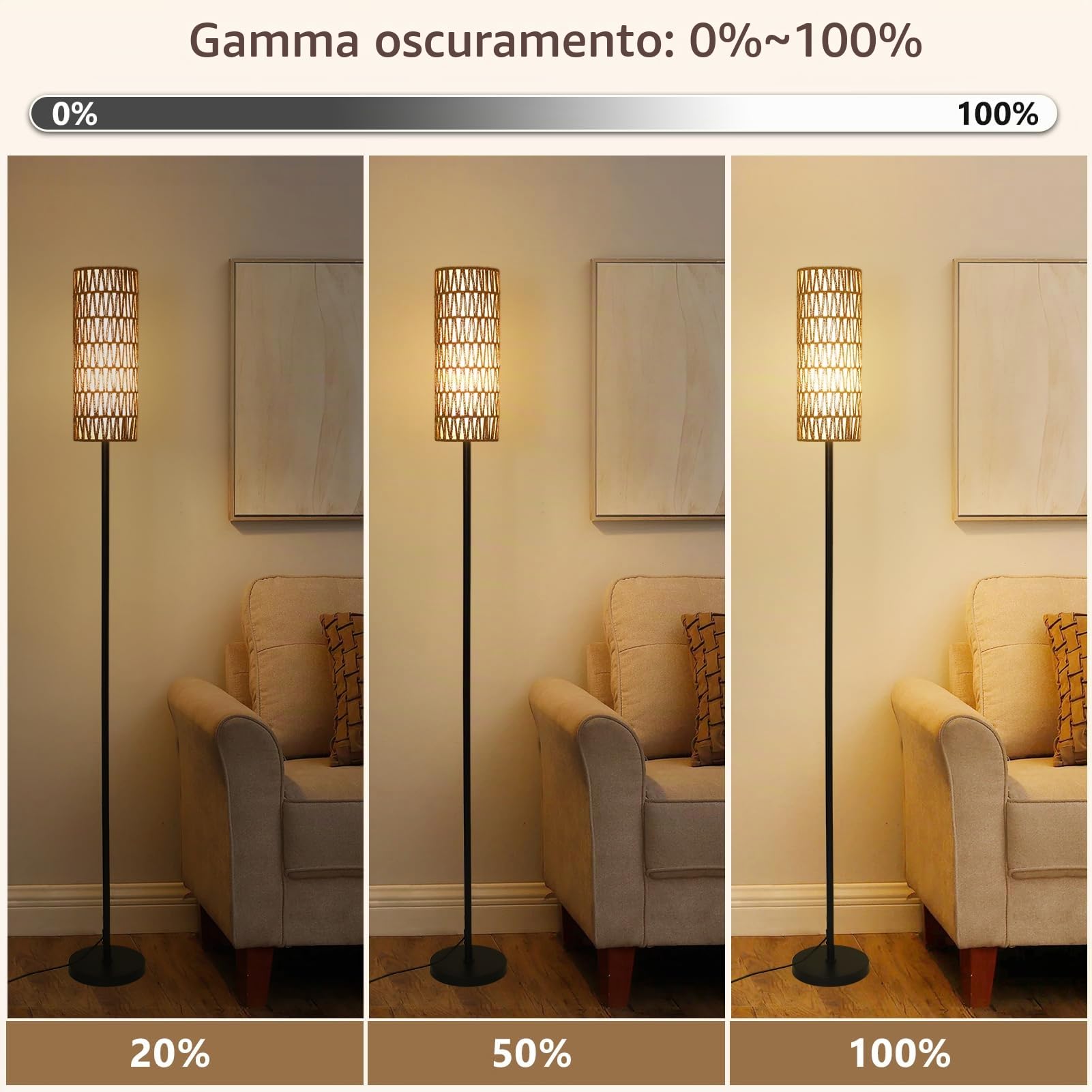 Rayofly Lampada da Terra in Rattan per Soggiorno, Dimmerabile con Telecomando e App di Controllo, Boho con Paralume in Rattan e Lino, Lampadina Inclusa