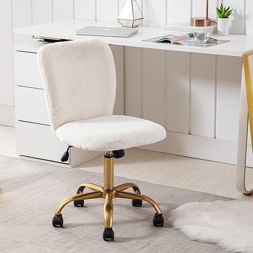 Miniatura 6 de DUHOME Silla de escritorio de piel sintética, moderna y esponjosa con ruedas, base dorada, altura ajustable, giratoria, para niñas y mujeres, color