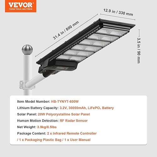 Miniatura 7 de VEVOR Luz solar de calle de 600 W, luces de inundación solares LED para exteriores 60000lm con control remoto infrarrojo, IP66 impermeable, sensor