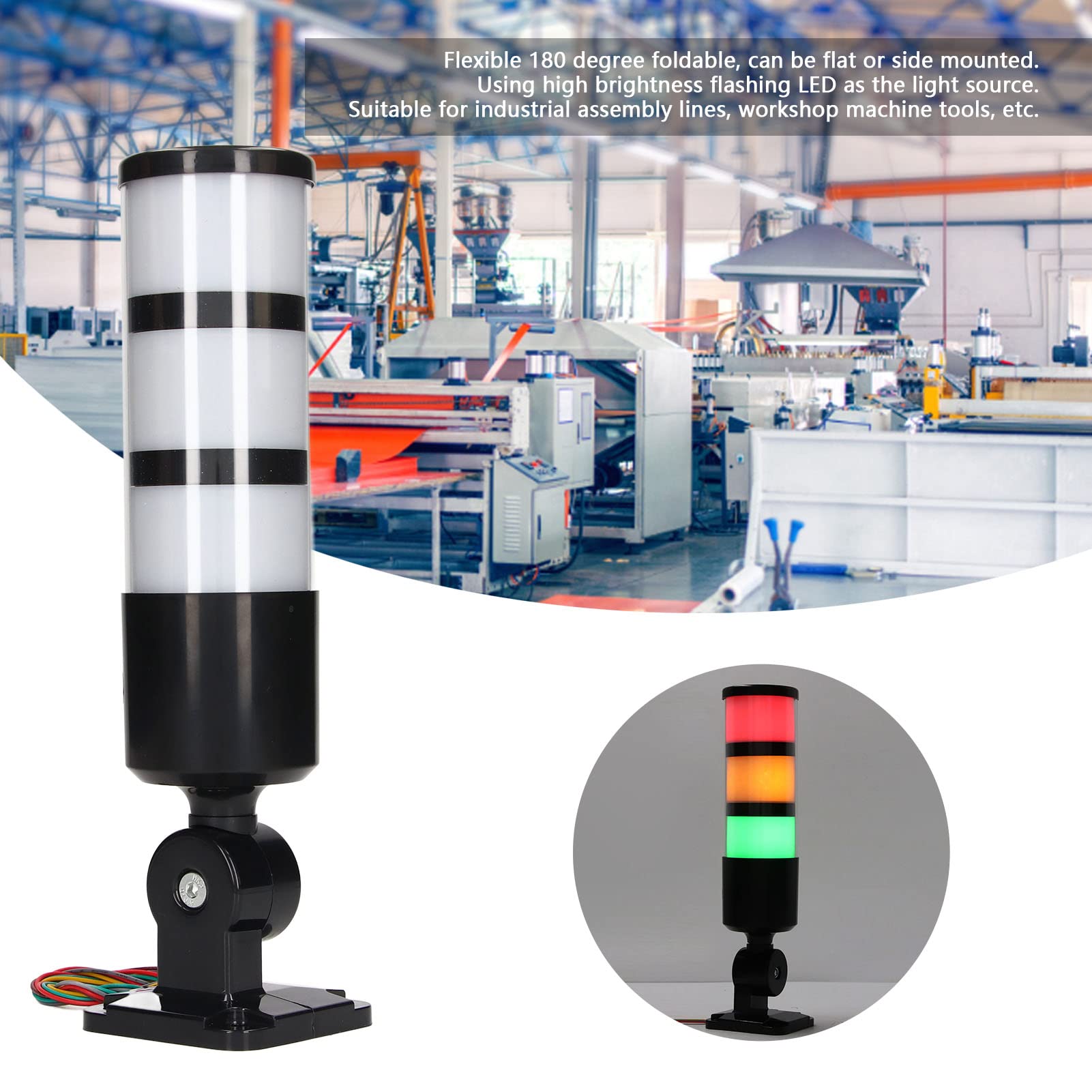 flexman DC 12~24V LED Signal Tower Stack Lights, 3 Layer Folding Warning Lamp with Buzzer, Universal Red Yellow Green 3 Colour Flashing Industrial Signal Warning Lights