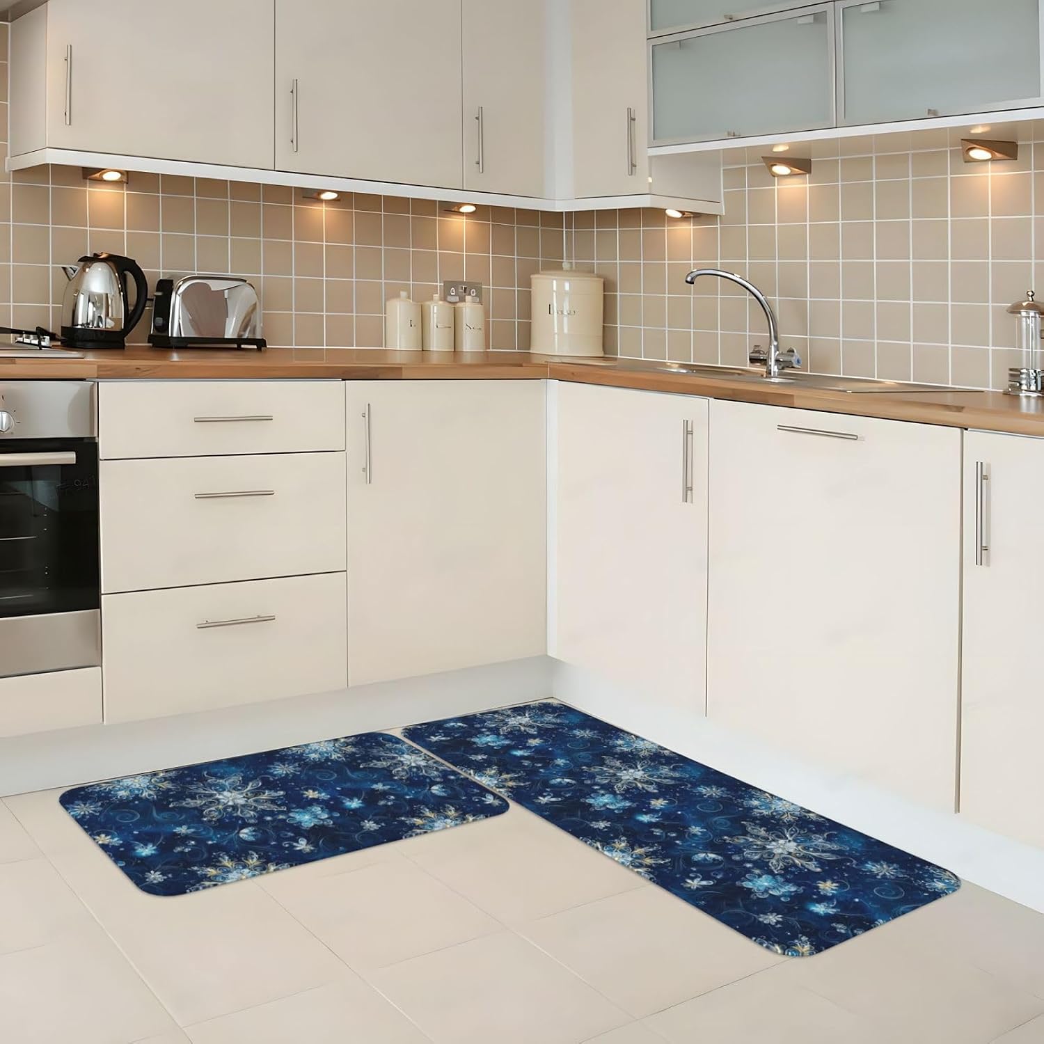 Blue Fantasy Snowflakes Print Kitchen Rugs Sets of 2 Non Slip Washable, Anti Fatigue Kitchen Mats for Floor, Home Decor