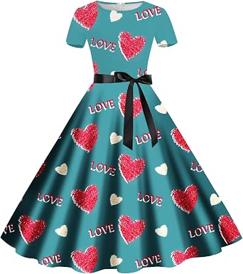 Plus Size Valentines Dress for Women Heart Short Sleeve Crewneck Evening Gowns Tie Waist A Line Wedding Guest Dress