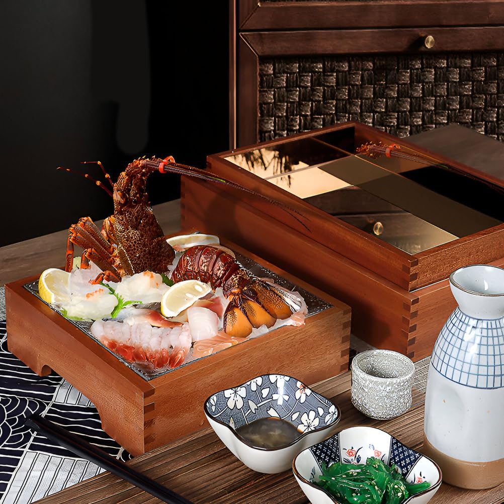 Bandeja para servir, bandeja de madera enfriada para alimentos fríos, servidor de buffet para frutas, mariscos, camarones, aperitivos, diseño rectangular