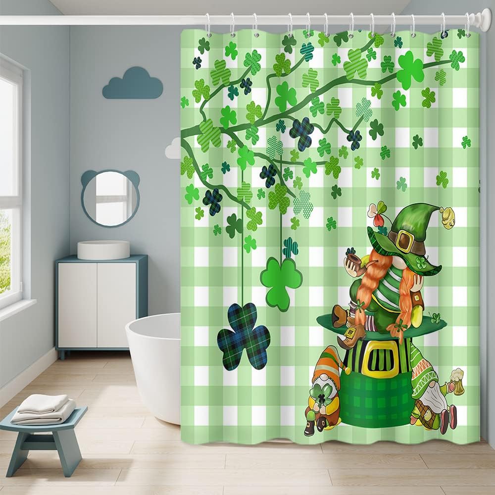 Happy St. Patrick's Day Shower Curtain Green Clover Shamrock Trees Gnome Elf Design Waterproof Fabric Polyester Farmhouse Style Shower Curtain Sets with 12 Hooks, 72x72 Inch