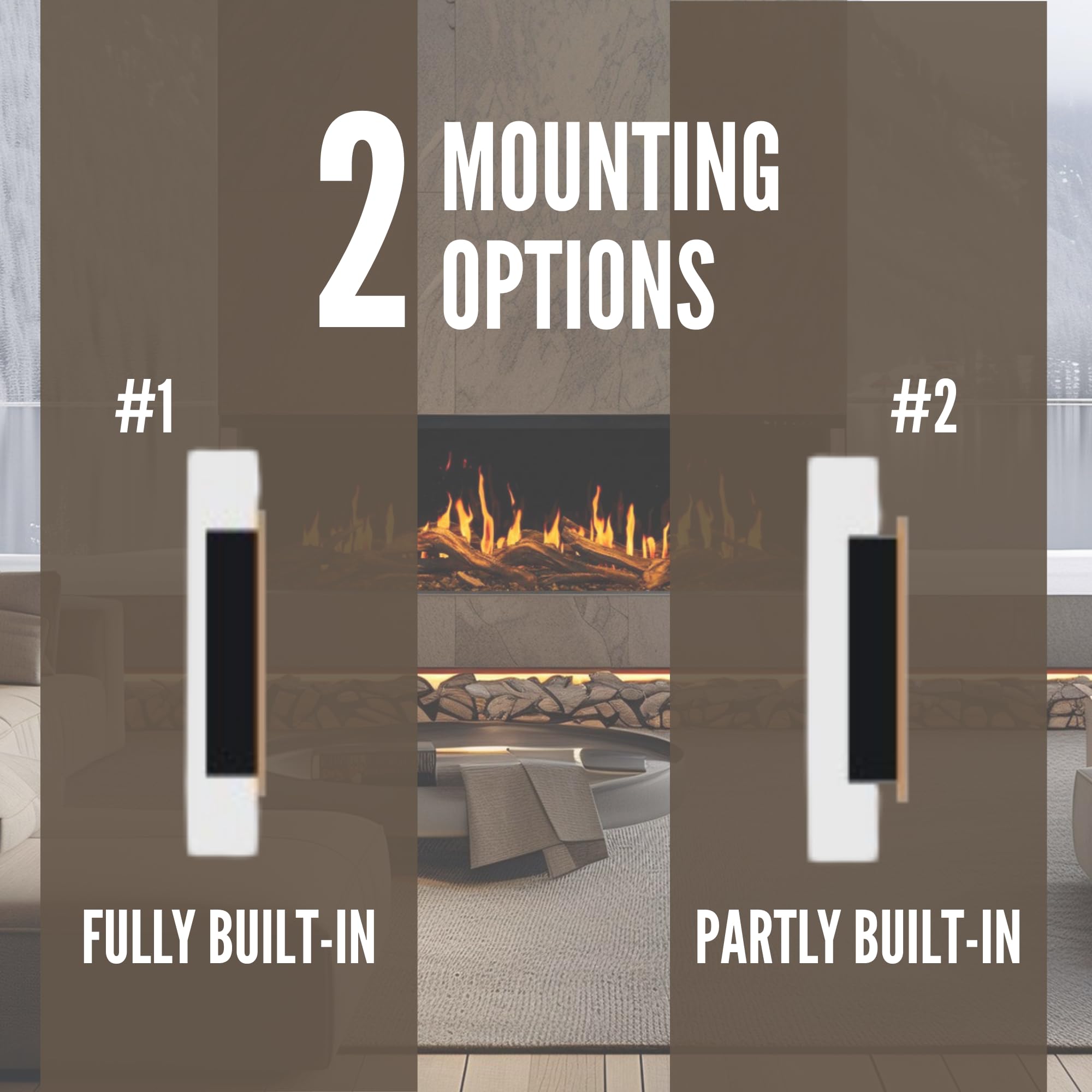 AFLAMO Chimenea Eléctrica LED AFLAMO 3D 90x45, Montaje Empotrado, Control por App, Compatible con Alexa, Calefacción y Efectos de Llama Multicolor, con Sonido y Calefacción (90x45x20)