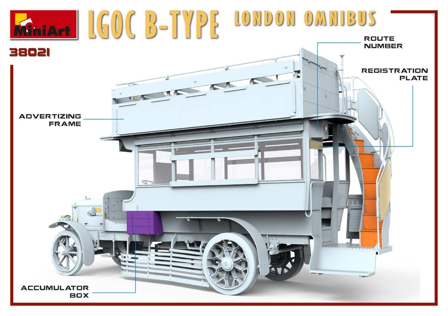 MiniArt 38021 1:35 London Omnibus LGOC Type B - Réplica original, modelismo, kit de plástico, manualidades, aficiones, pegado, kit de modelos, montaje, sin pintar