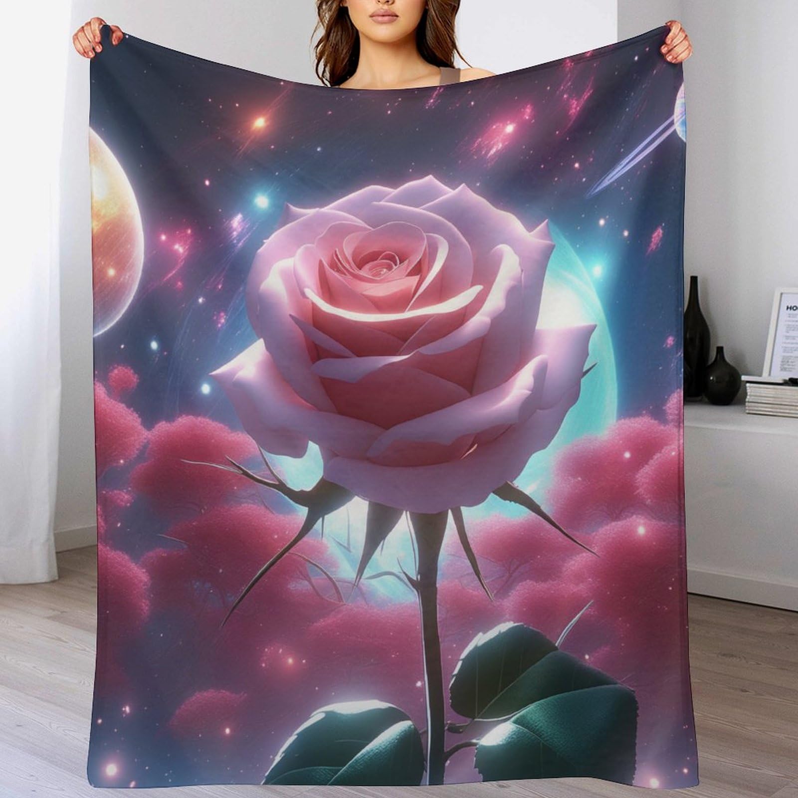 Couverture lit en flanelle douce Rose du Ciel étoilé pour cocooning sur canapé