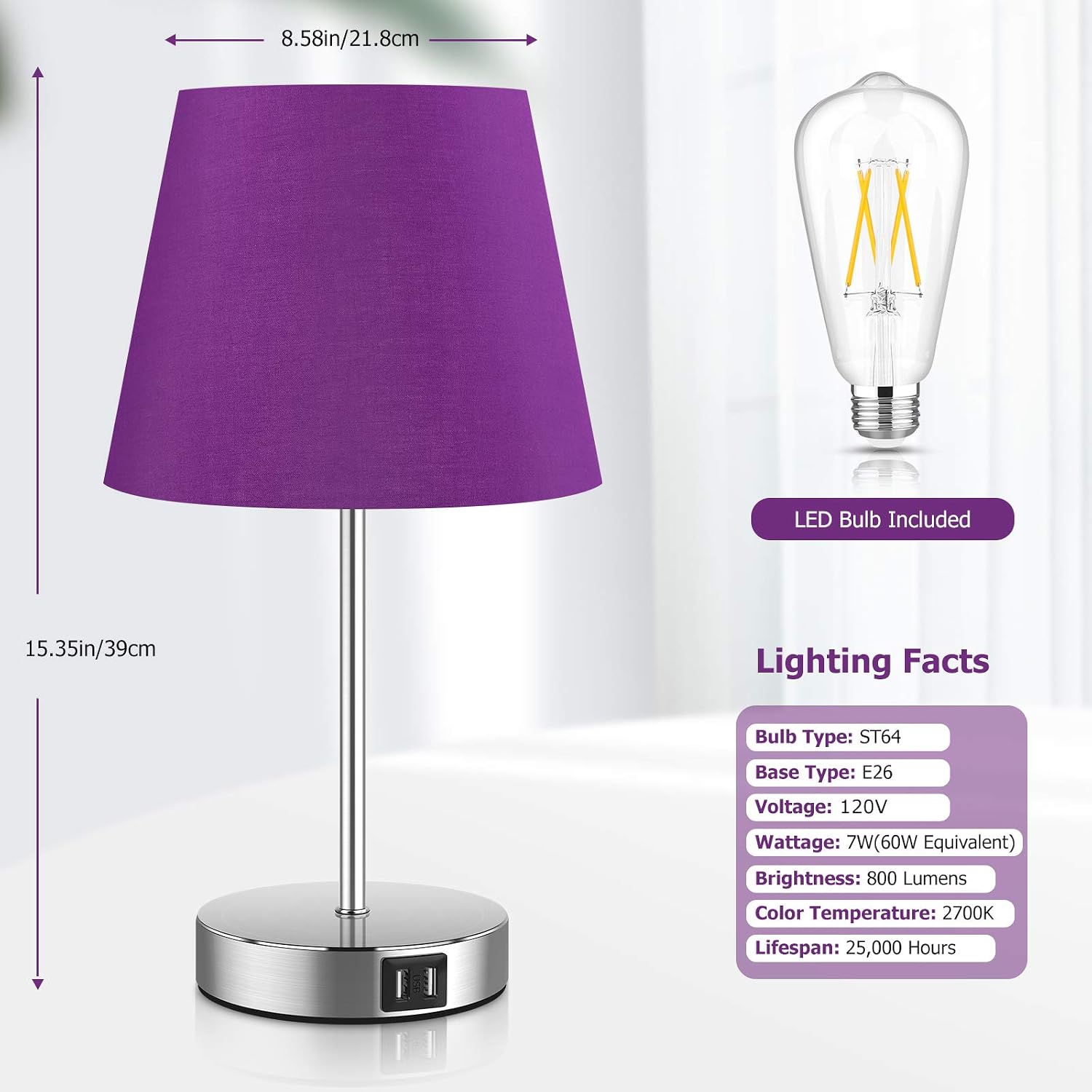 Touch Control Table Lamp with 2 USB Ports and AC Outlet, 3 Way Dimmable Modern Bedside Nightstand Lamp with Purple Fabric Shade & Satin Nickle Base for Bedroom Living Room Office, LED Bulb Included