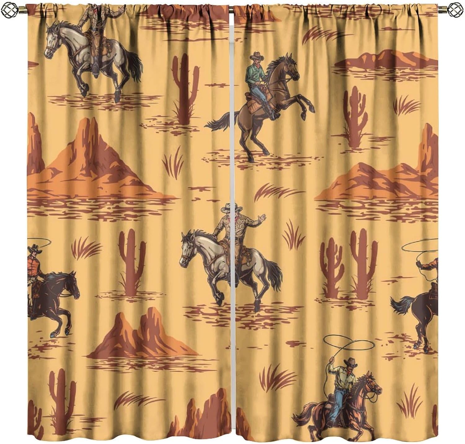 Western Cowboy Blackout Curtains, Western Cowboy Riding On Wild Tropical Cactus Window Treatments for Bedroom Living Room Kitchen