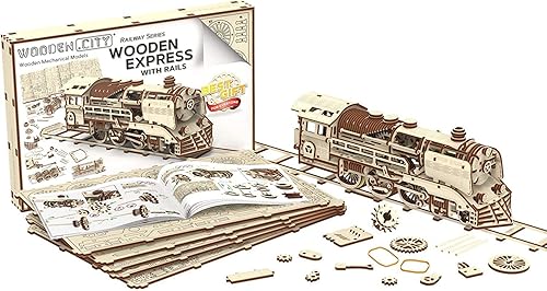 Miniatura 2 de WOODEN.CITY Wooden Express with Rails - Rompecabezas de madera 3D para adultos  Construye tu propio tren Express con motor de banda de goma  Modelo