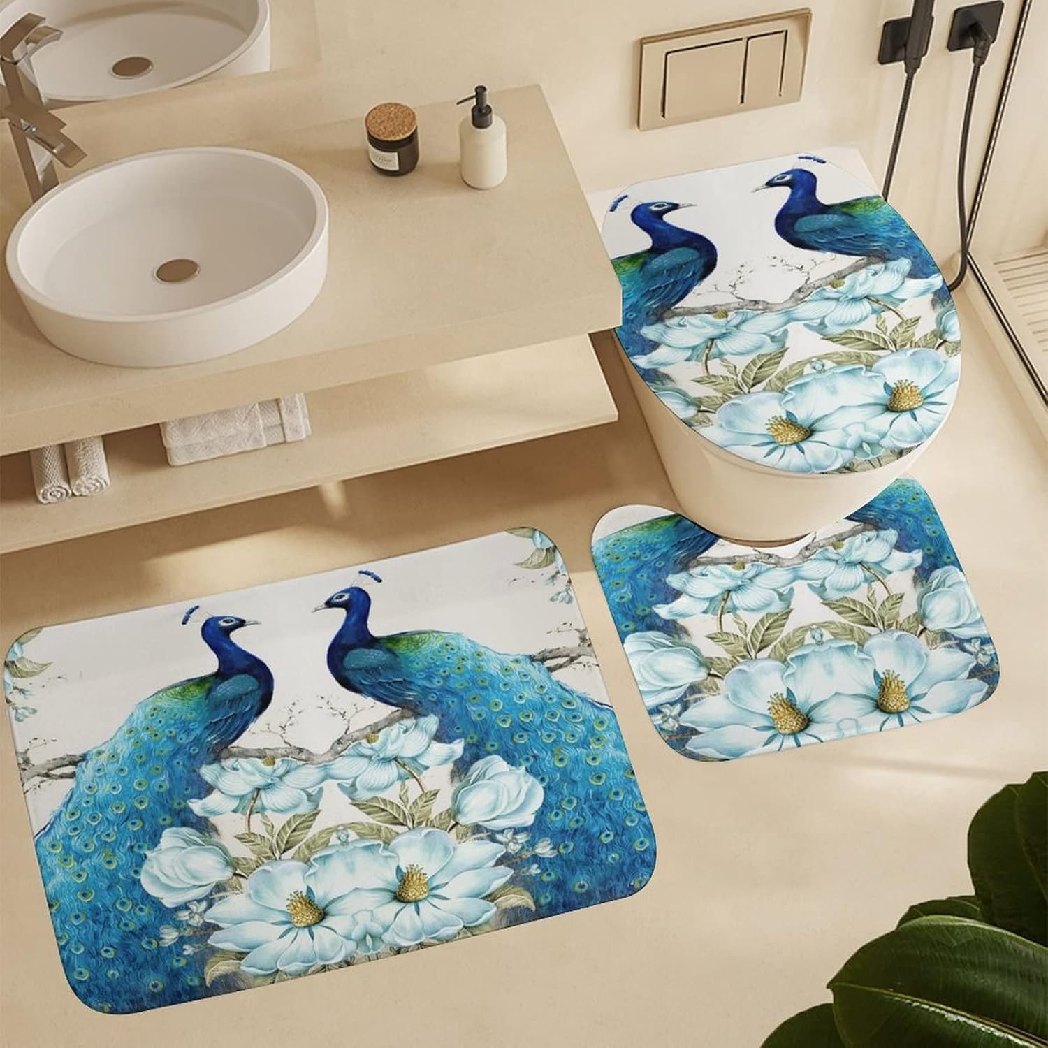 Vintage Peacock Shower Curtain Sets with Rugs 4 Piece Accessories Bathroom Curtains Shower Set Include Shower Curtain Non-Slip Rug Toilet Lid Cover Bath Mat One Size