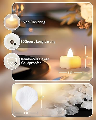 Miniatura 2 de Homemory Juego de pétalos de rosa y velas para decoración romántica, noche especial, 2000 pétalos de rosa blancos con 24 velas LED de corazón para