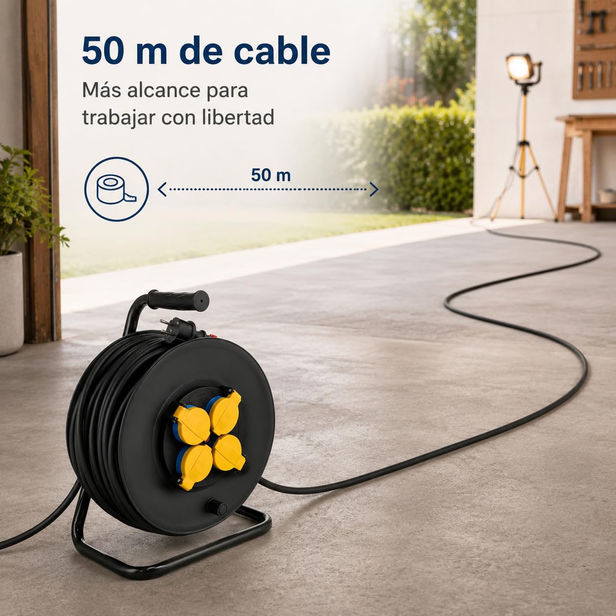 M mimotec - Avvolgicavo da Esterno 50m IP44 4 Prese 3200W 16A, Cavo H05RR-F 3G1,5 mm², Protezione Bambini, Ideale per Giardino, Cantiere e Officina