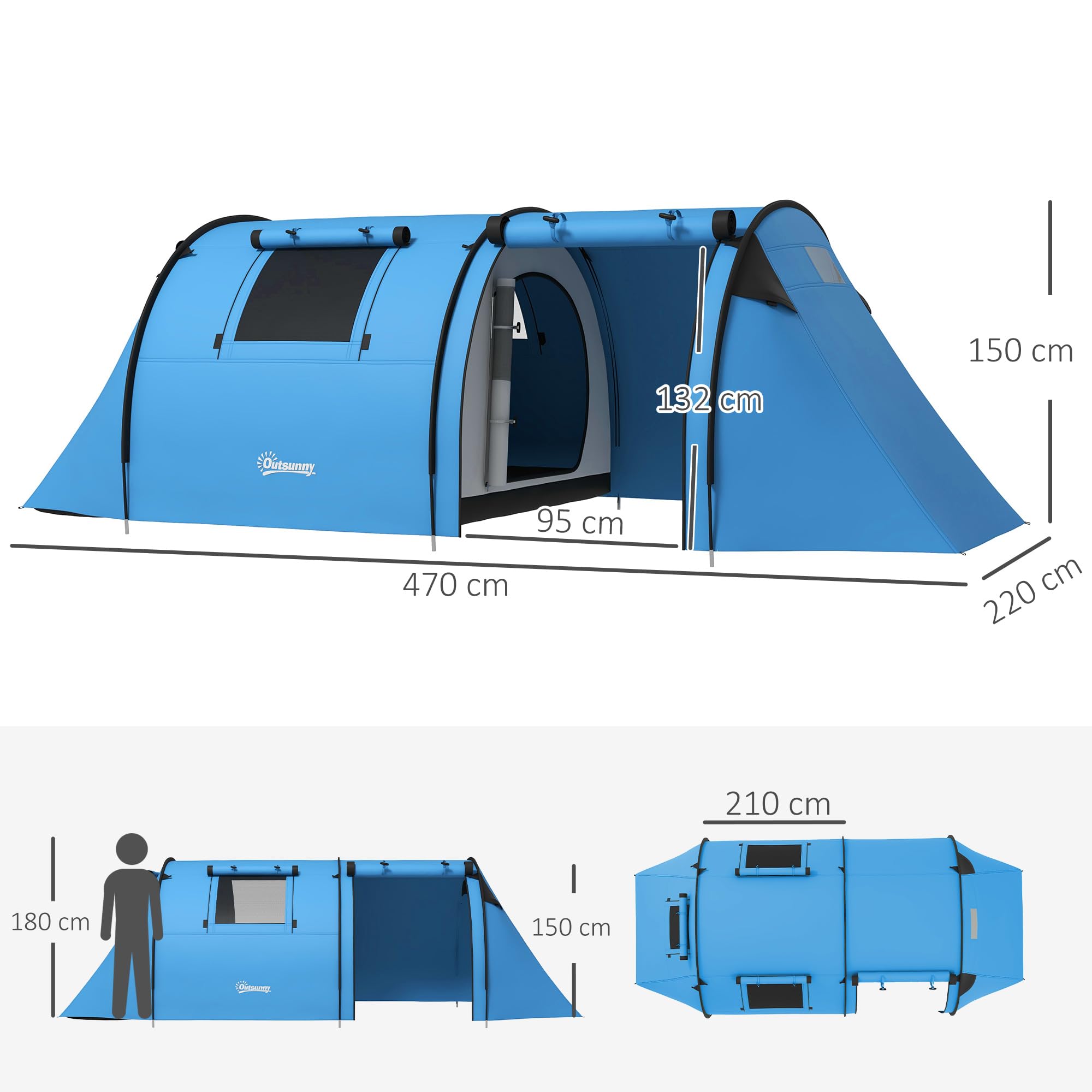 Outsunny Campingzelt für 3-4 Personen stabil wasserdicht Familienzelt mit Schlafzimmer Wohnzimmer, Kuppelzelt mit 3000mm Wassersäule Tunnelzelt Zelt für Camping Reise