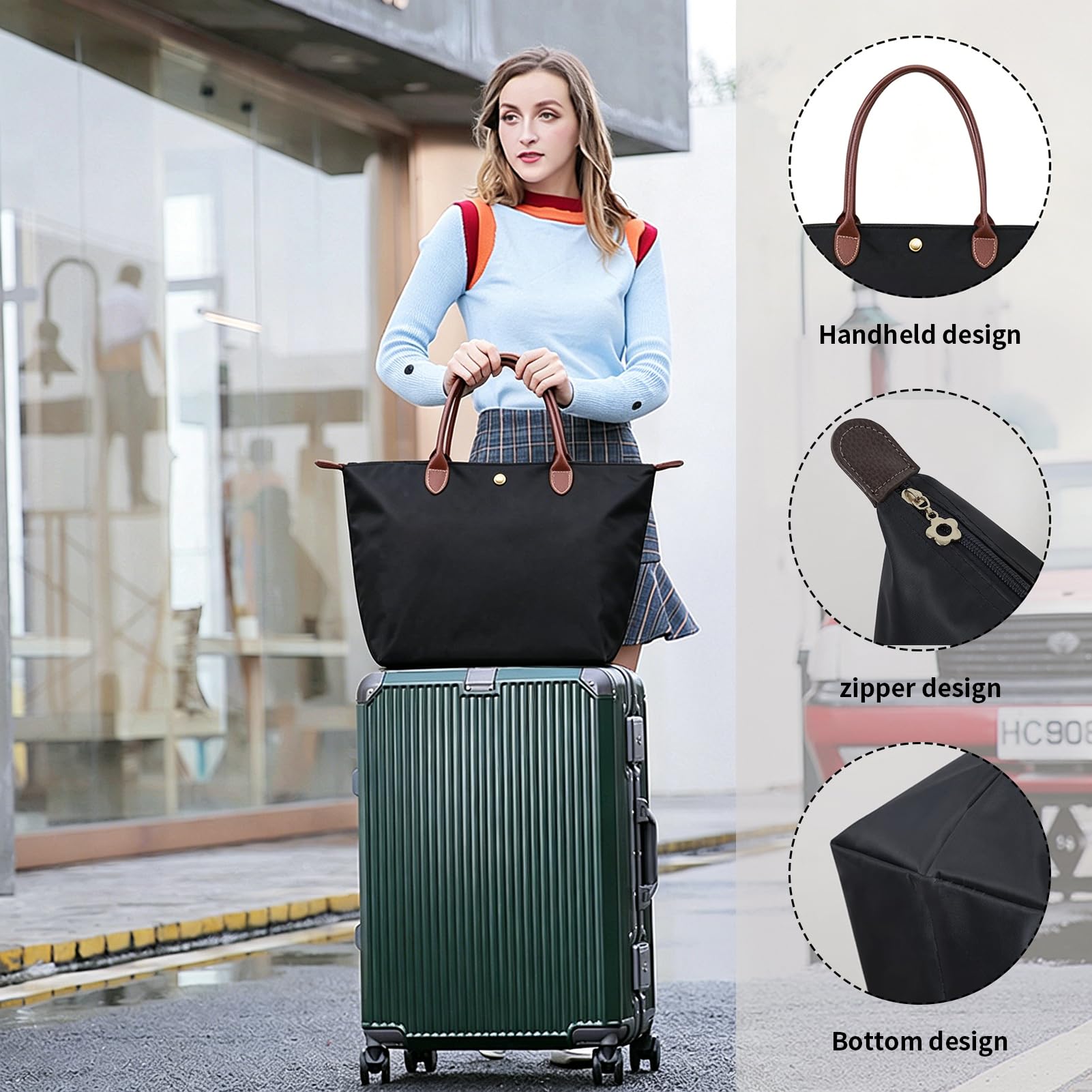 1 Umhängetasche + 1 Kosmetiktasche Groß, Damen Taschen Set, Faltbare Handtasche Schule, wasserdichte Schultertasche, Reisetasche Shopper für Alltag & Büro (Schwarz)