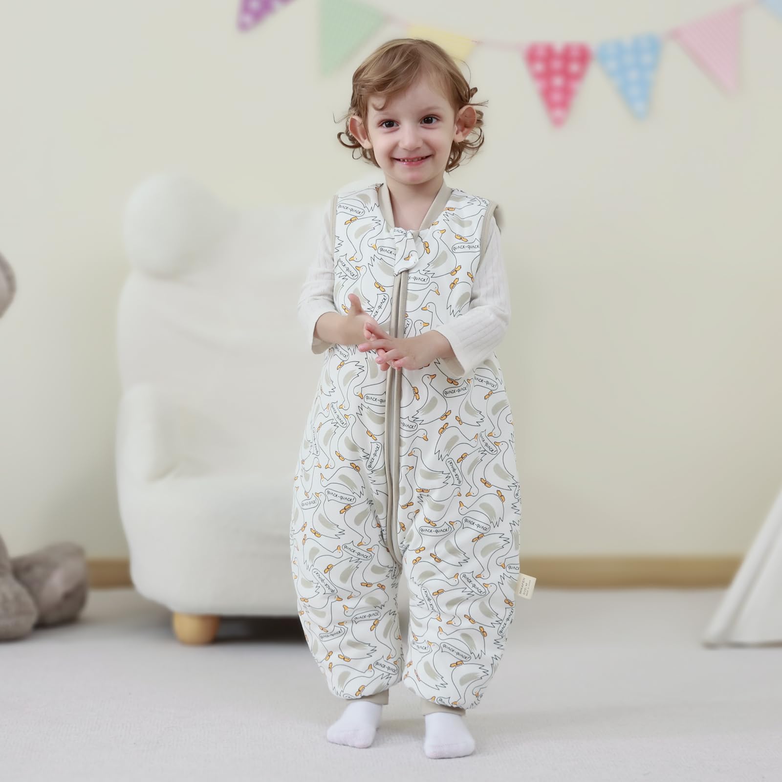 MIKAFEN Bambini Sacco nanna invernale con gambe 2,5 Tog,100% cotone,Sacco nanna con piedini,85-95 cm/18-36 mesi,Anatra