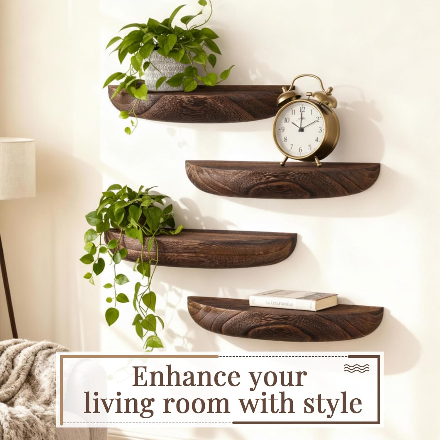 4 Pcs Solid Wood Half Round Floating Wall Shelves, Elegant Floating Wooden Shelves, 8.27 Inch Wall Shelf for Living Room, Bathroom, Bedroom, Offices, Pictures Plant Book (Dark Brown)