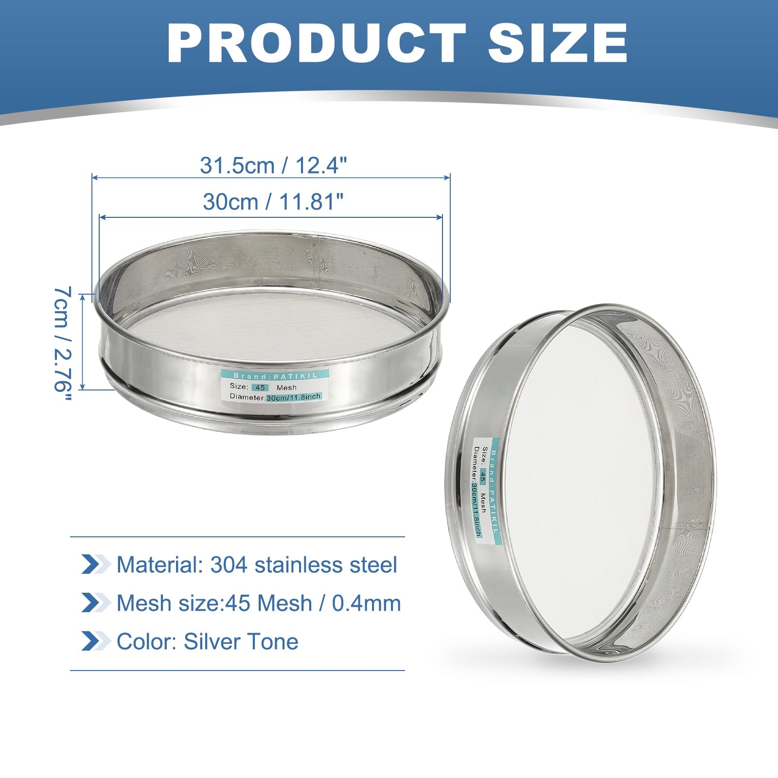 PATIKIL Tamis de laboratoire à 45 mailles (0,4 mm), 30 cm de diamètre, tamis en acier inoxydable 304 en maille fine pour laboratoire industriel, maison, tamis de sol, tamis à sec