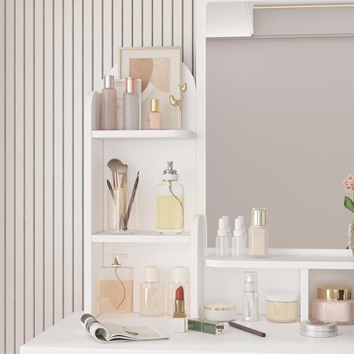 Miniatura 10 de AIEGLE Juego de escritorio grande con espejo redondo transparente, tocador de maquillaje con estantes y taburete acolchado, juego de escritorio de