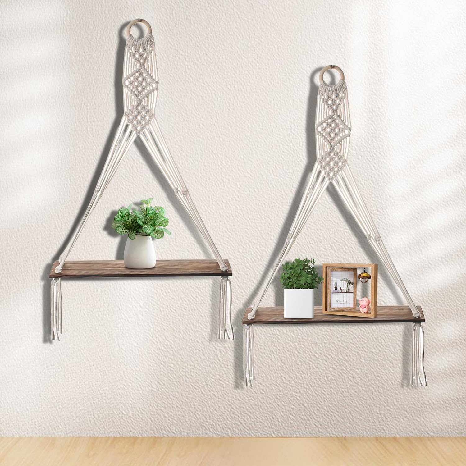 TOATELU 2 unidades de estantería de pared de madera de macramé, estantería flotante tejida a mano, decoración de pared de macramé, estantería de pared de madera, borla tejida a mano, estantes de