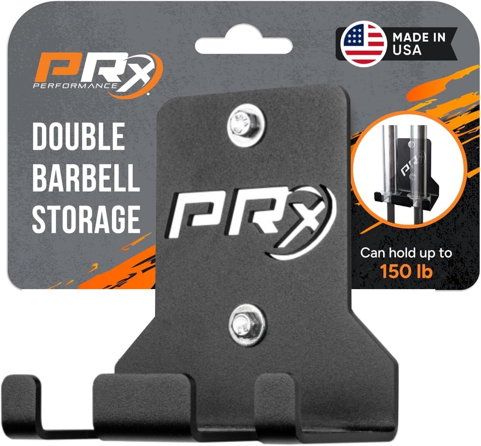 PRx Performance Wall-Mounted Barbell Storage Rack - Space-Saving 2-Bar Holder for Home & Commercial Gym, American-Made, Durable Fitness Equipment, Ideal for Workout and Garage Gym Accessory, Black