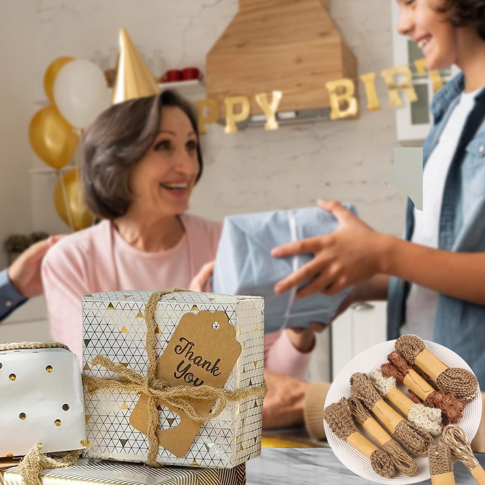 9 Rolls Natural Burlap Lace Ribbon Trim,18 Meters Jute Craft Ribbon for DIY Sewing,Rustic Wedding Decorations,Gift Wrapping&Party Supplies