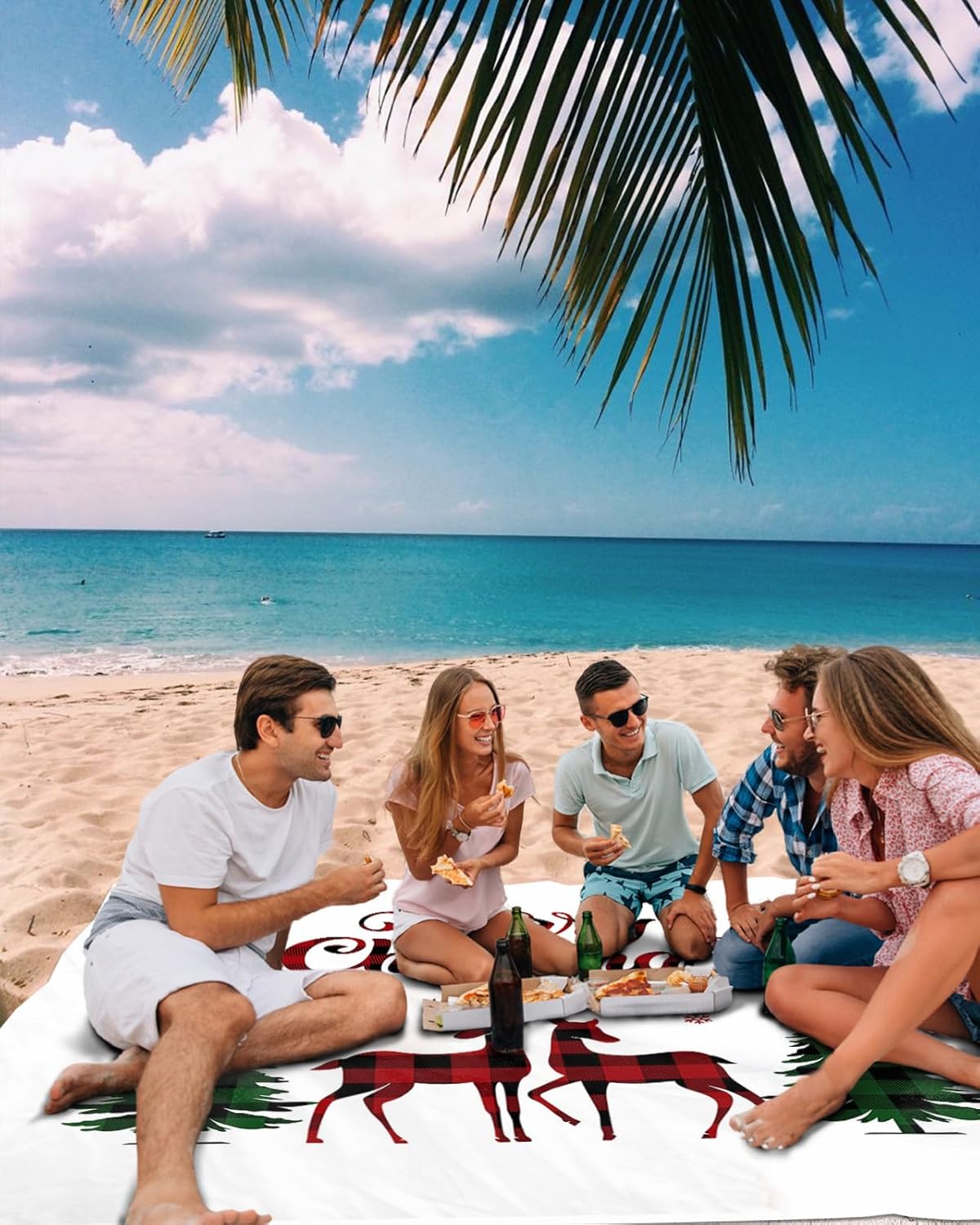 Merry Christmas Buffalo Reindeer with Pine Tree Beach Blanket Waterproof Sandproof Outdoor Picnic Mat 83"x79" White Lightweight Large Beaach Blankets with 4 Stake & 4 Corner Pockets