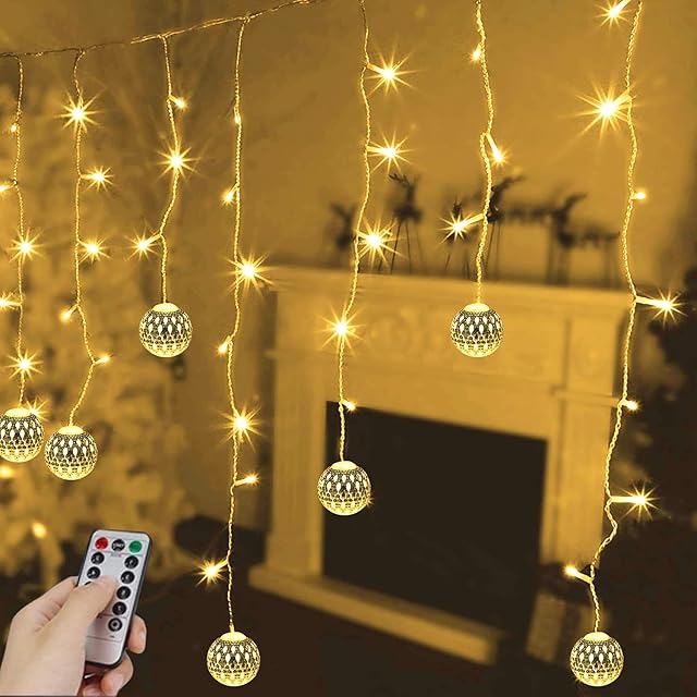 YOLIGHT Moroccan Balls Curtain Lights 4m 96 LED Ramadan Decoration Icicle Lights with Remote, Moroccan Fairy Lights for Easter Christmas Wedding Party Home Room Bedroom (Warm White)