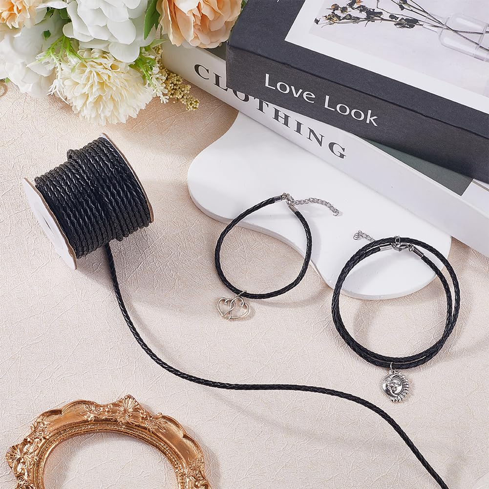 SUNNYCLUE 11 Yards/10M Black Braided Leather Cord Bolo Leather Cord Rope 3mm Round Cowhide Leather Folded Braiding Tie Strap Cords for Jewellery Making Necklaces Bracelets Lanyards Supplies DIY Crafts - Image 4