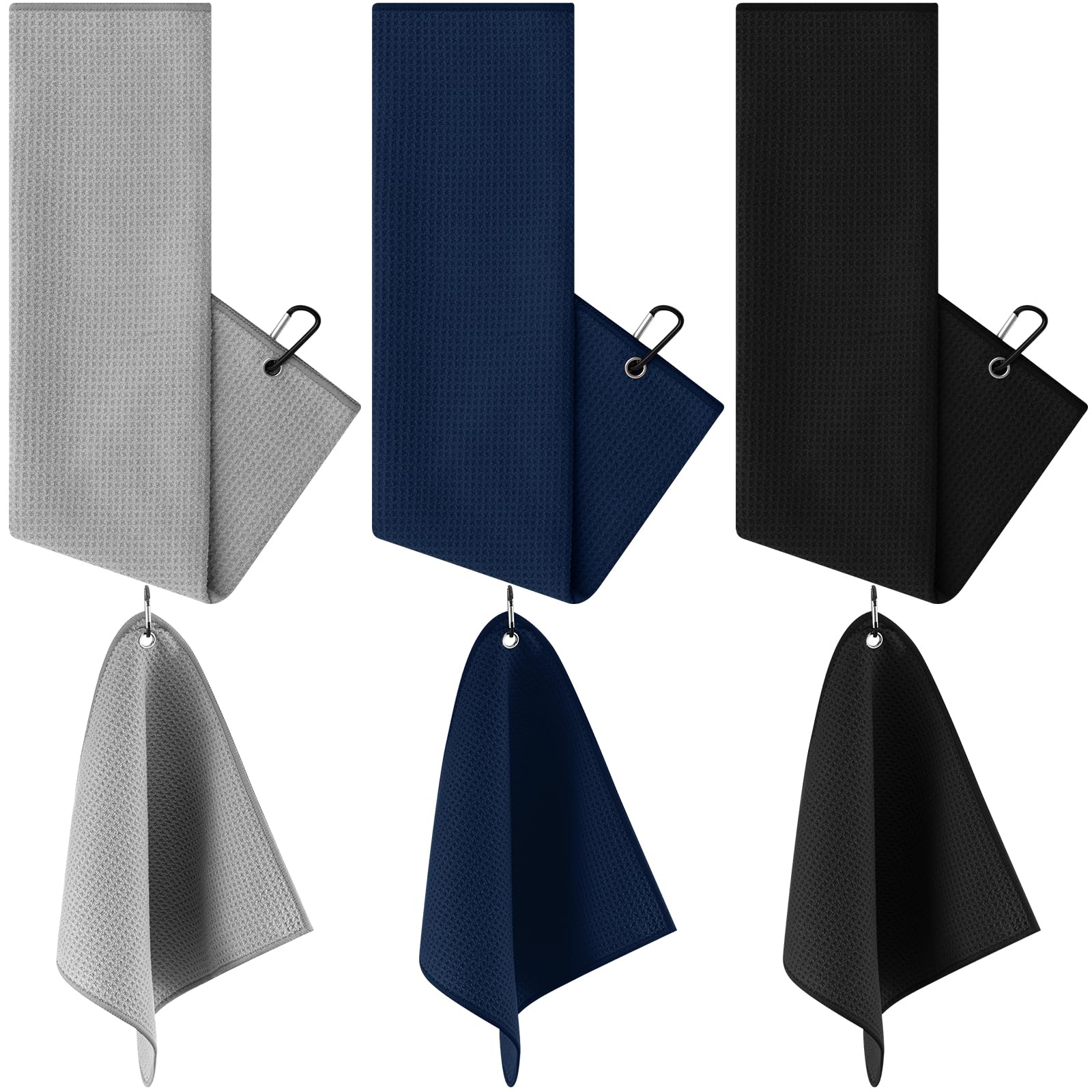 Hahafelt Juego de 6 toallas de golf grandes con clip, 24 x 16 pulgadas, 12 x 12 pulgadas, tela de microfibra portátil con patrón de limpieza de gofres, toalla de golf para bolsa, accesorios de club