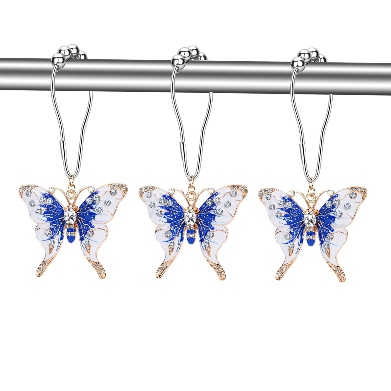 Lot de 12 anneaux de rideau de douche en forme de papillon bleu et blanc, en acier inoxydable, anneaux de douche antirouille, décoration de salon et de salle de bain, cadeau