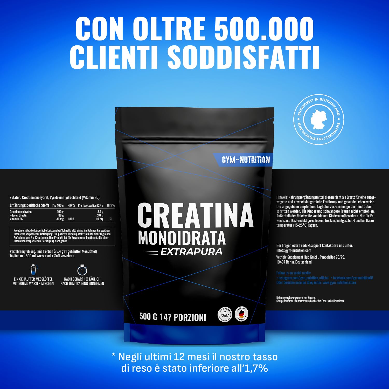 Creatina Monoidrata 500g - 147 Porzioni - Extrapura & Senza Impurità - per fitness, allenamento e palestra - Vegan e Sviluppata in Germania - Si scioglie facilmente