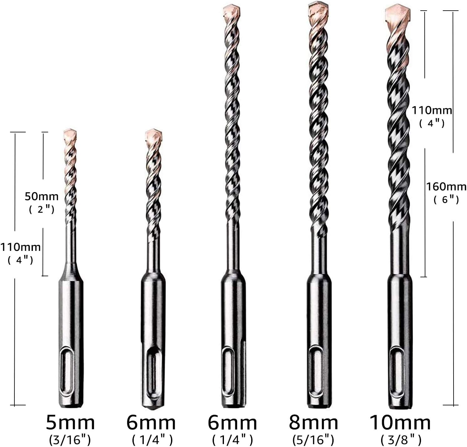 EZARC PGM Concrete Drill Bit Set 5PC SDS-Plus 2-Cutter Carbide Tips for Reinforced Concrete, Masonry, Marble, Brick and Tile