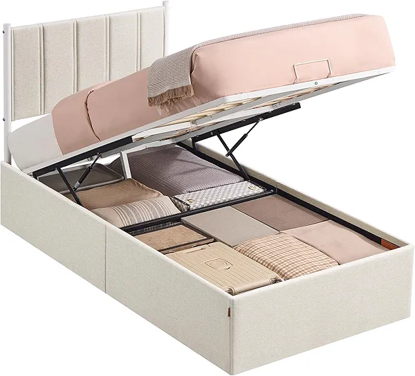 VASAGLE Lift Up Storage Bed Frame Twin Size, Hydraulic Platform Bed, with Upholstered Headboard, 550 lb Weight Capacity, No Box Spring Needed, Easy Assembly, Modern, Cappuccino Beige URMB603W01