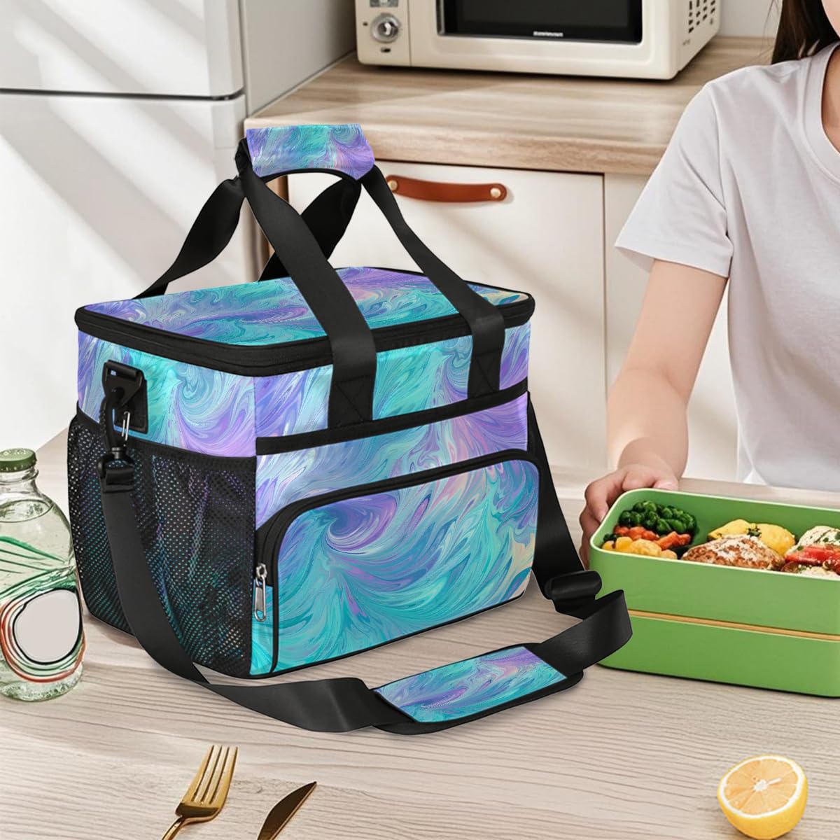 Bolsa térmica grande de camping para picnic, textura líquida, verde azulado, morado, plegable, portátil, bolsa de almuerzo y lonchera para hombres y mujeres, 20 L