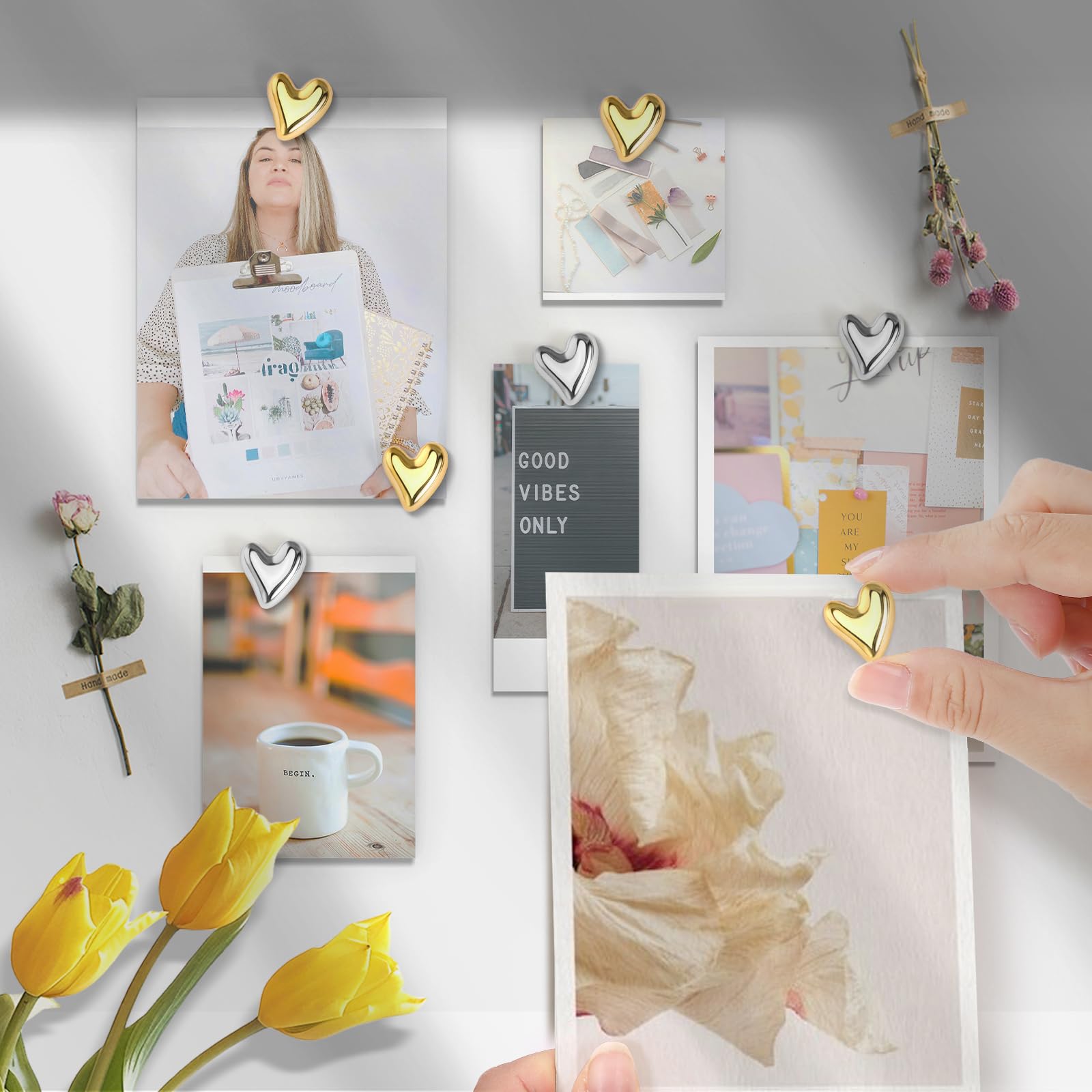 36 pines decorativos de corazón, tachuelas doradas y plateadas, chinchetas lindas para tablero de corcho, tablón de anuncios, accesorios de pared
