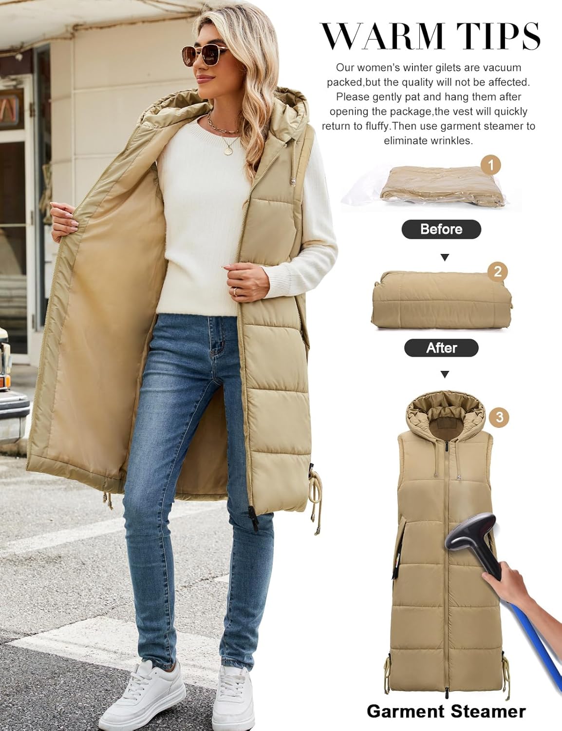 HEEKPEK Women Long Hooded Puffer Vest Winter Warm Quilted Sleeveless Down Jacket Casual Trendy Full-Zip Outerwear Drawstrings - Image 5