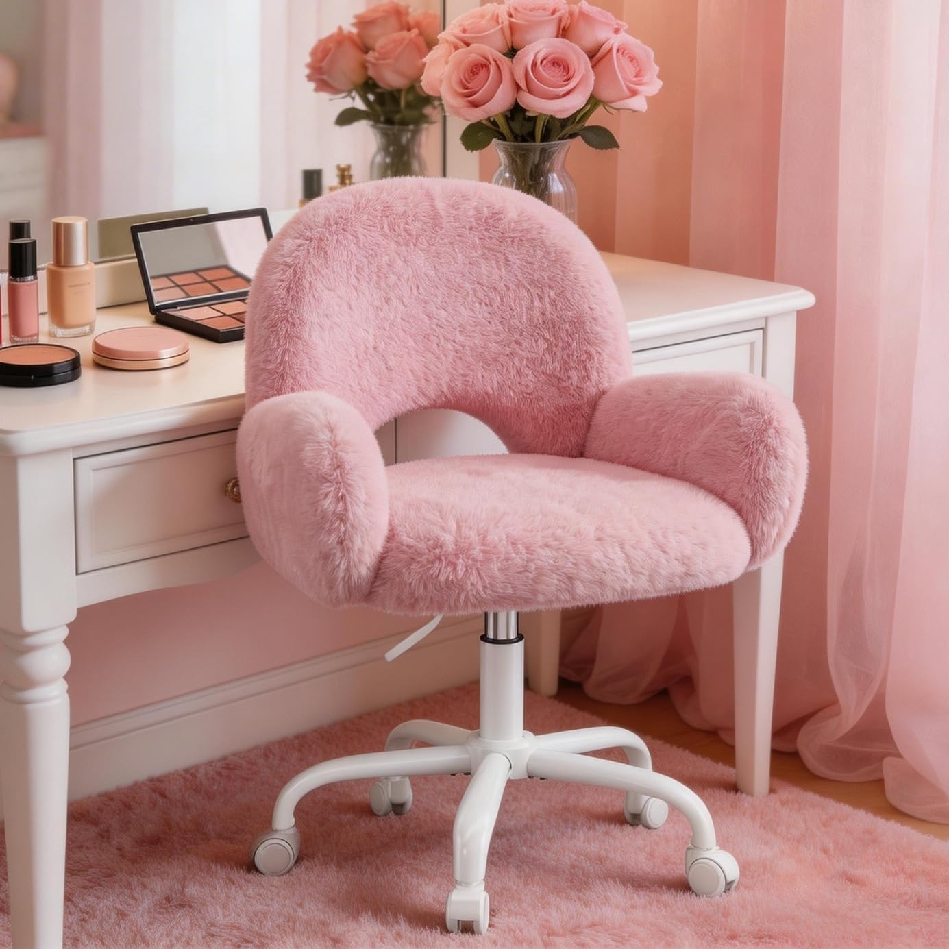 Homkdom Vanity Chair with Round Hollow Back, Pink Desk Chair with Arms & Wheels, Cute Office Chair for Make-up Room, Bedroom, Home Office, Salon, Height Adjustable, Faux Rabbit Fur
