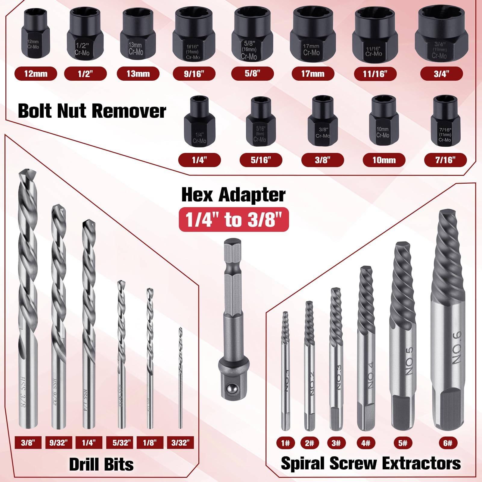 SPEEDWOX 26pcs extracteur de vis et forets main gauche Set Easy Out Kit extracteur de vis outils de démontage de boulon multi-cannelures foret main gauche extracteur de tête hexadécimal extracteur de
