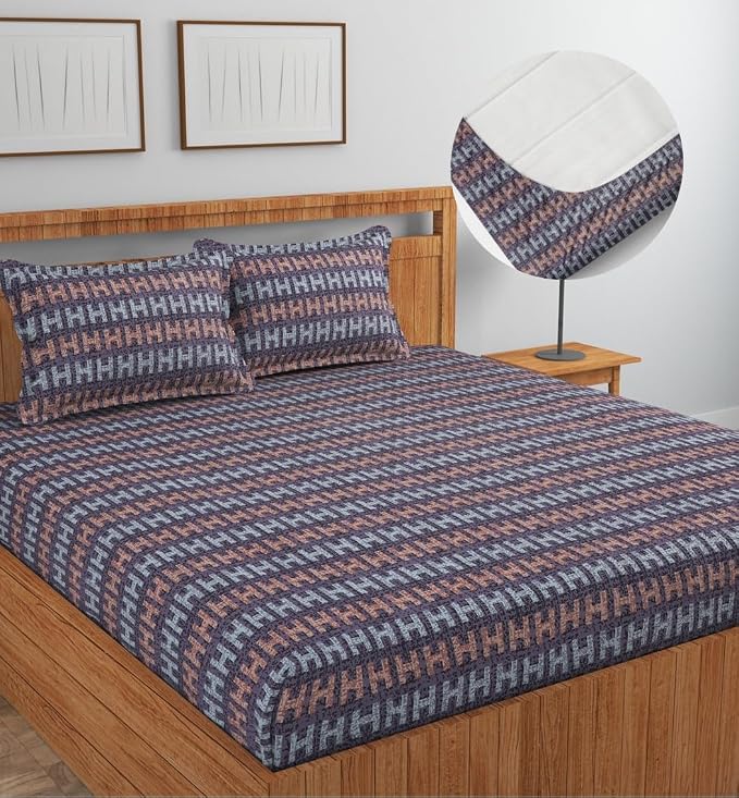 NEW LEAF Cotton Fitted King Bedsheets with 2 Pillow Covers Elastic Fitted Wrinklefree Ultrasoft Winter Bedsheet 200 to 220 tc Floral 78x72+8 Inches, Check Blue Grey