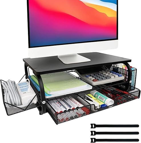 Organizador de escritorio y accesorios para monitor, soporte para monitor con cajón (cajones de 2 niveles) con estante de almacenamiento lateral