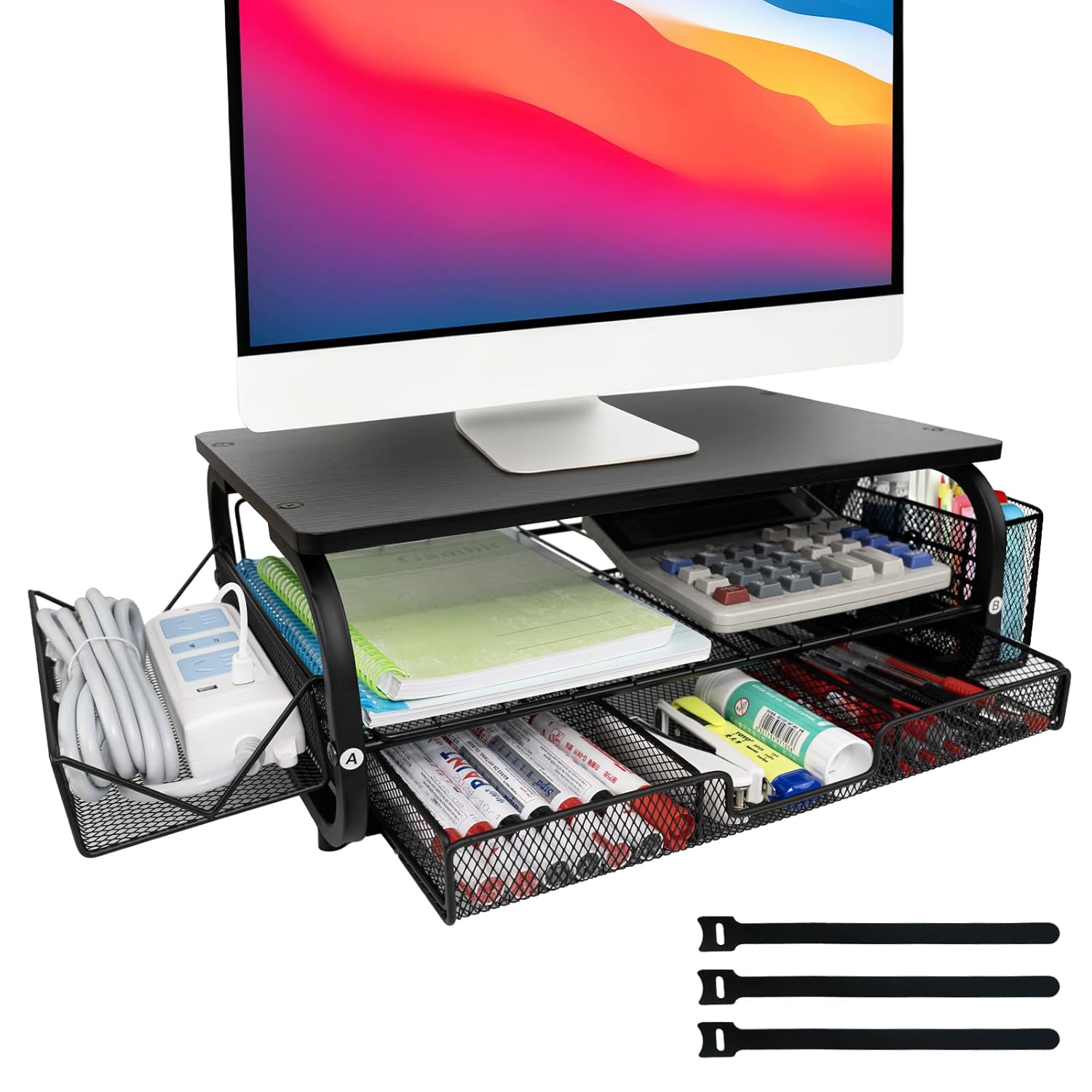 Desk Organizers and Accessories Monitor Riser Monitor Stand with Drawer 2-Tier Drawers with Large Side Storage Rack Cable