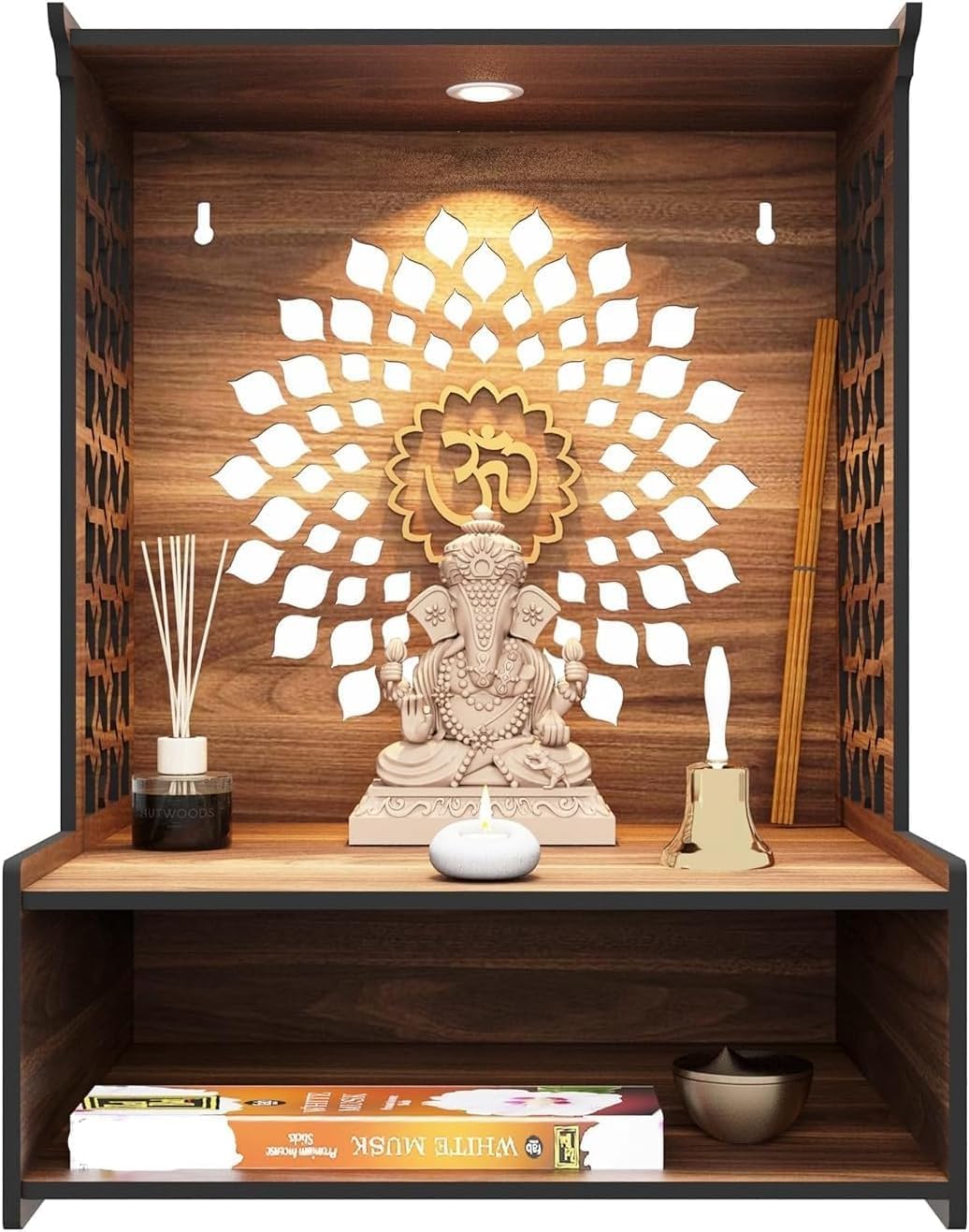 Wooden Home Temple Mandir with LED Spot Light, Storage Space, Wall Mount or Tabletop, Contemporary Architectural Design
